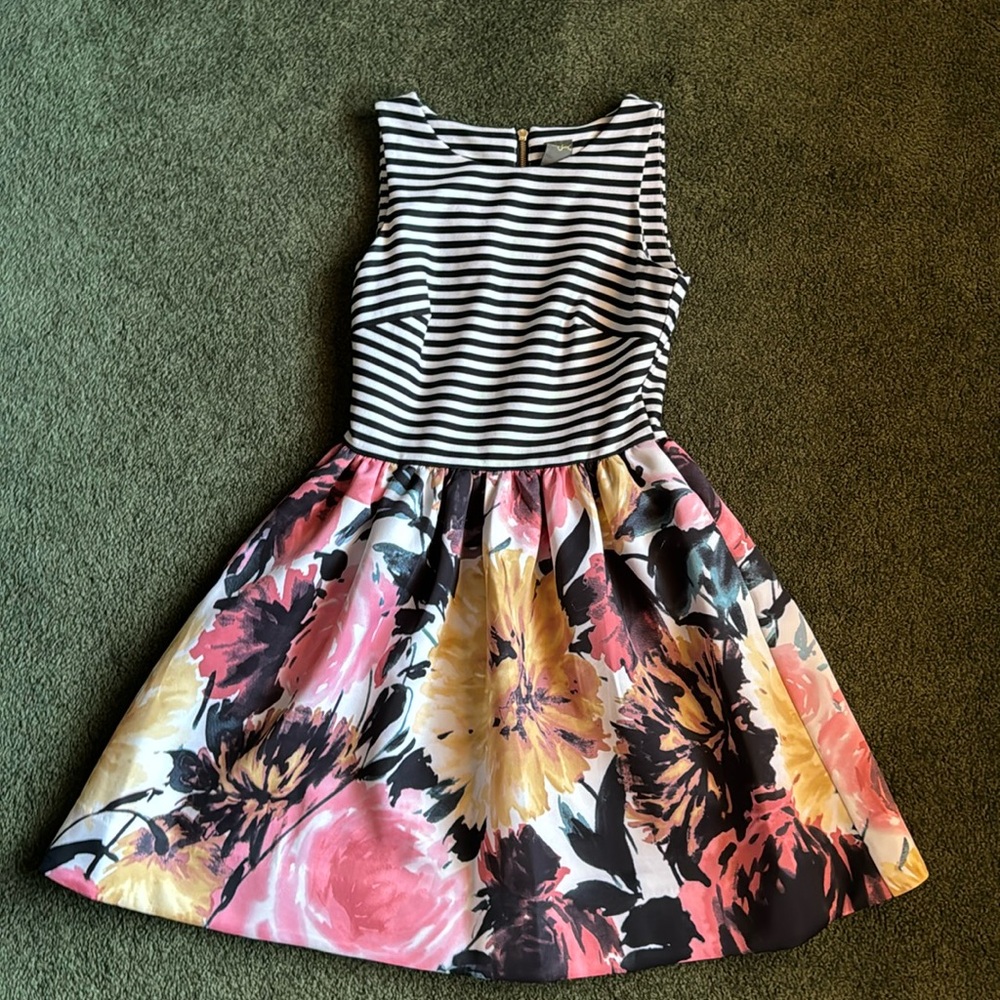 Size 6 Black and white stripe floral dress with gold zipper